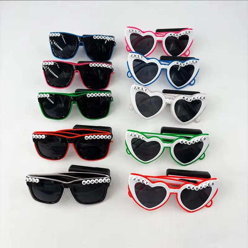 Wireless LED Just Married Glasses Wedding Bridal Shower Favors Glasses Set EL Heart Shaped Sunglasses For Lovers Couple