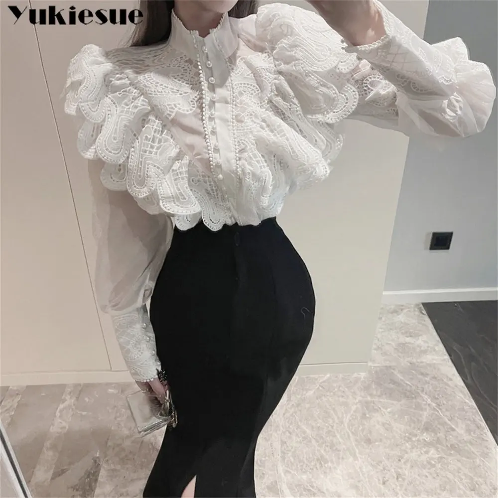 2022 Office shirts & blouses Sweet Ruffles Lace Blouse Women\'s Stand Collar Lantern Sleeve Elegant Vintage blusas Women top