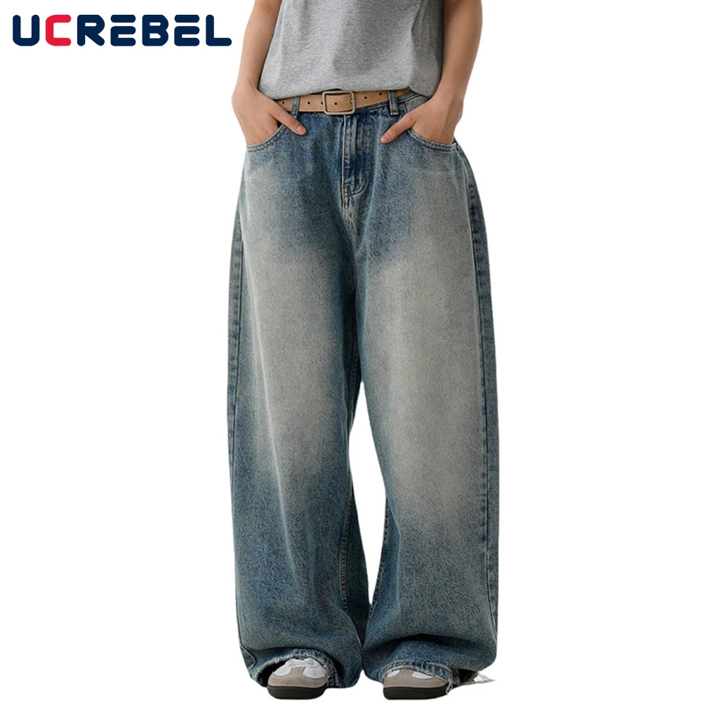 

High Street Ripped Denim Pants Mens Retro Washed Distressed Loose Wide leg Pocket Denim Pants