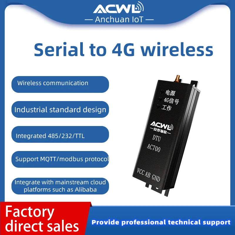 AC700 Industrial Grade 4GDTU Transparent Transmission RS485/232/TTL Interface Gateway Wireless Long Distance Data Transmission