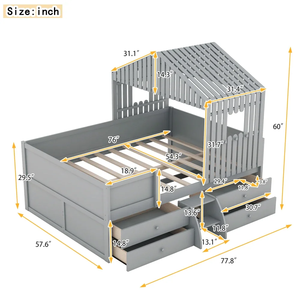 Kinderbedden Full Size House Laag hoogslaper met vier laden, grijze hoogslaperten Kinderbedden voor jongens Houten bed Stapelbed Peuterbed VS