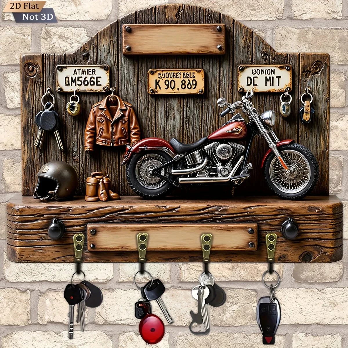 2D Flat, 1pc, Motorcycle - Style Key Hook, Wooden Multi - Functional Home Key Hanger, with Four Metal Hooks, Wall Decoration,