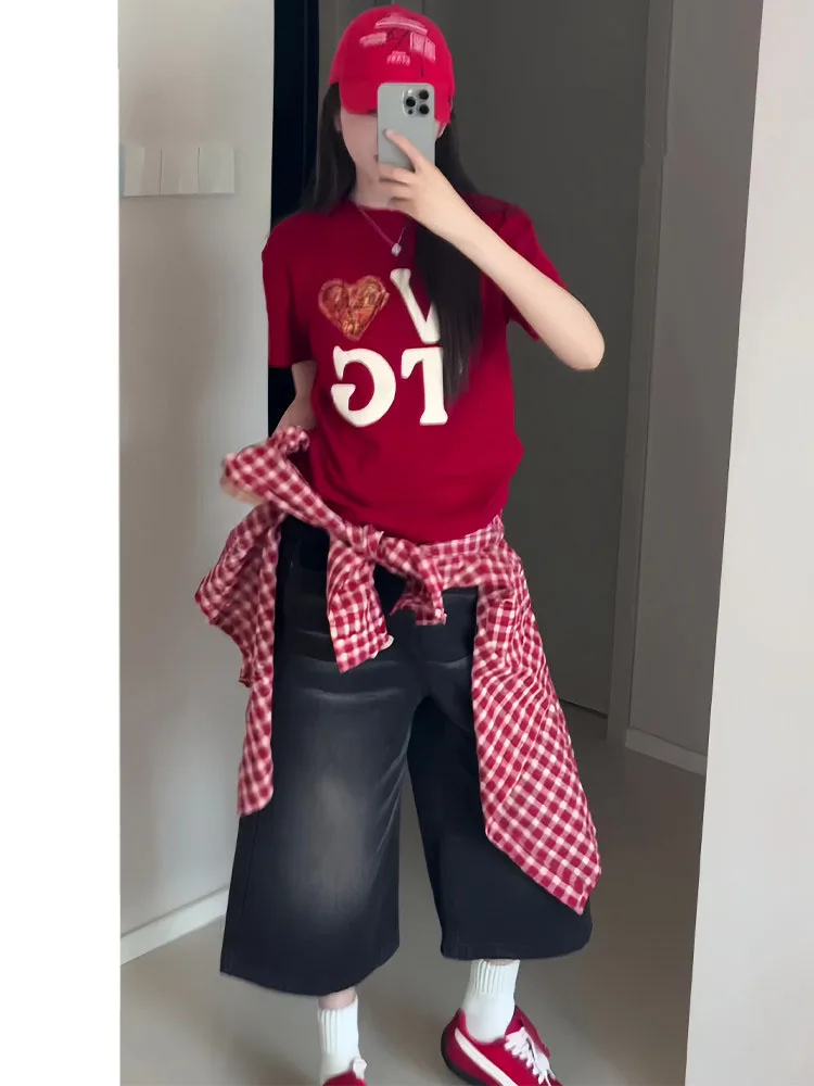 

American Style High Waist Loose Fit Seven Inch Jeans Women's Summer Denim Shorts Casual Wide Leg Pants Cotton Blend