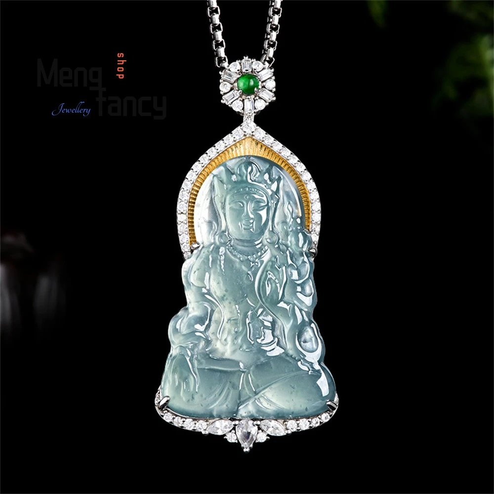 

Natural Goods Jade Blue Water Mother Guanyin S925 Silver Inlaid With Ice Kind Of Jade Pendant Men's And Women's Necklace Pendant