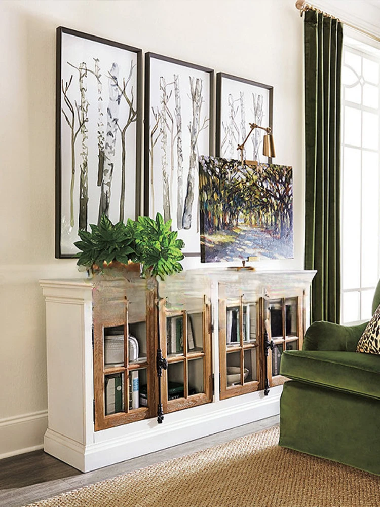 Retro solid wood floor-to-ceiling bookcase household glass door dust-proof storage contrast design against the wall.