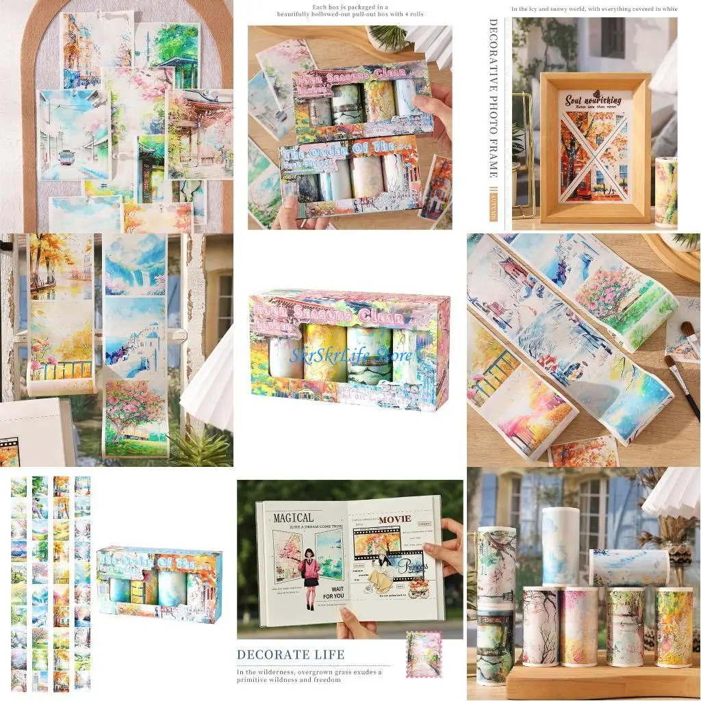 Cinta adhesiva para manualidades E65E, 4 temas, con diseños alentados por naturaleza, papel respetuoso con medio ambiente