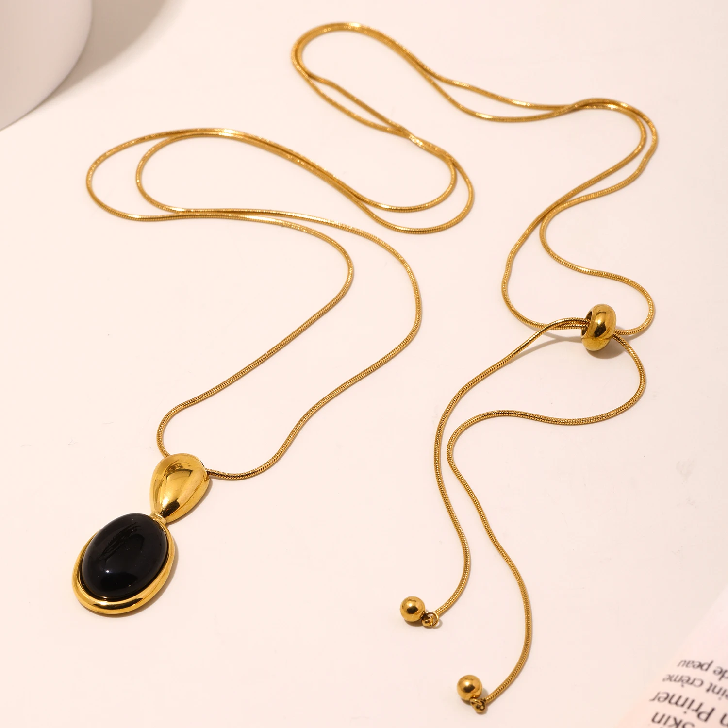 Women's Adjustable Long Pendant Necklace with Black Agate & Tiger Eye Stone