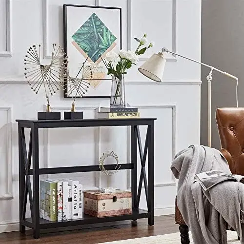 

Black Finish X-Design Wood Console Table, Narrow Accent Sofa Table with Bottom Open Shelves for Entryway Hallway Small tables