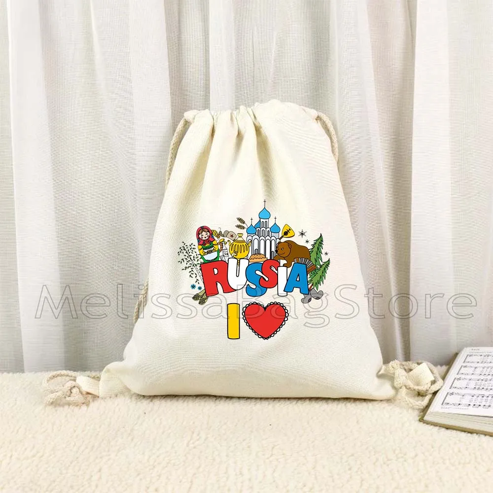 

Russian Doll Girl Matryoshka Bear Folk Flower Travel Moscow Kremlin Russia Flag Canvas Drawstring Backpack Bag Gym Yoga Sackpack