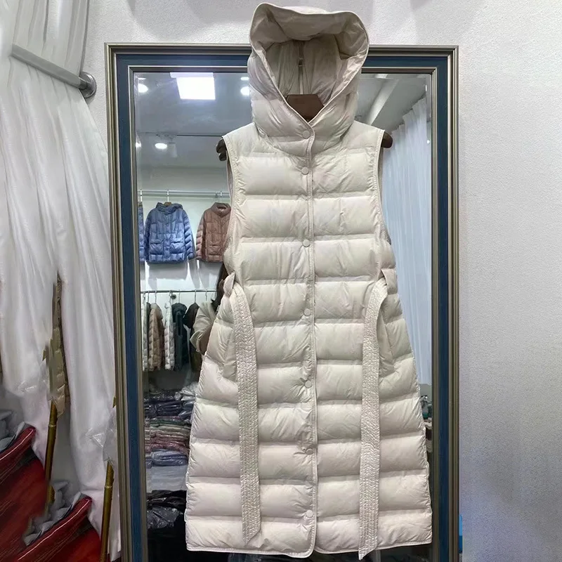 Chaqueta de plumón de pato sin mangas para mujer, abrigo largo con capucha, ajustado, cálido, para oficina, otoño e invierno, 90%