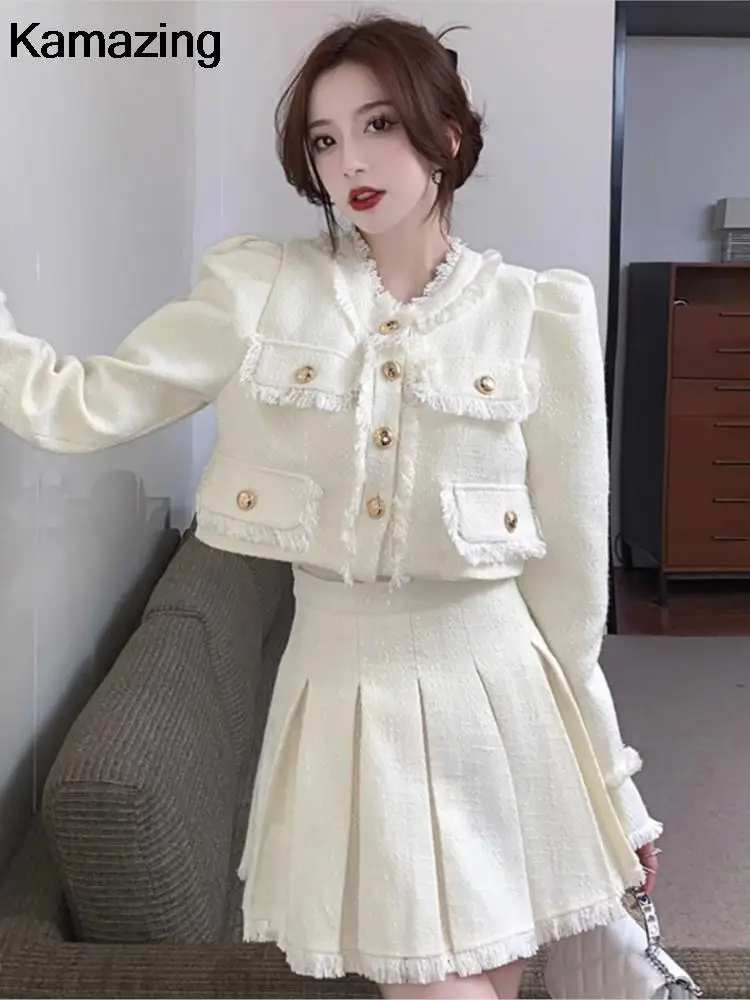 Elegant Tweed Suit 2-piece Skirt Set Autumn Winter New French Style Cropped Jacket Coat Mini Skirt Korean Fashion Female Outfits