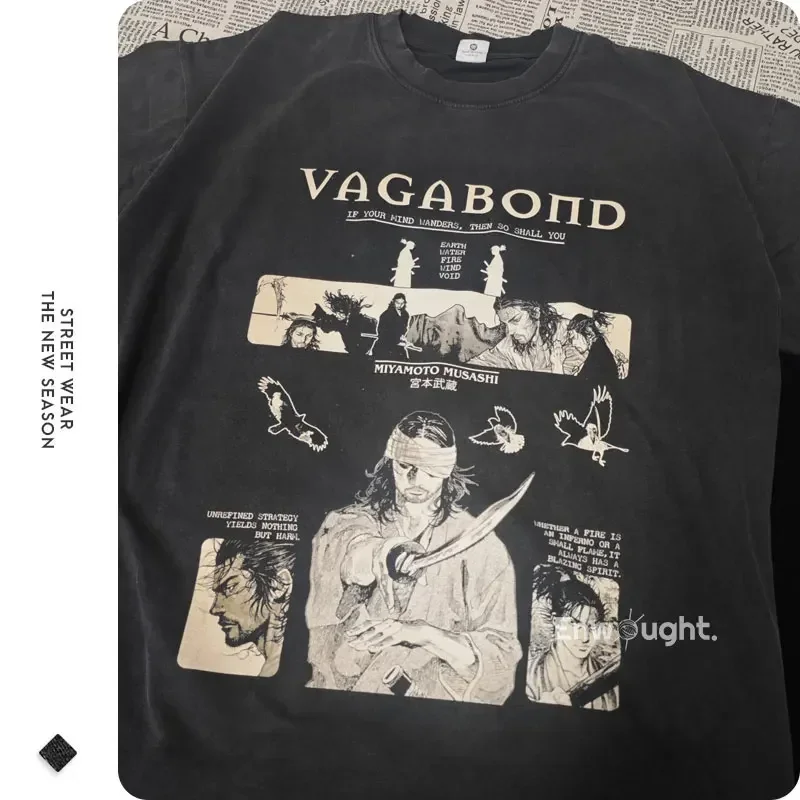 Anime Manga Vagabond T Shirt Musashi Kojirou Matahachi Vintage Washed Tops Tees Oversized Short Sleeve T-shirt Man 100% Cotton