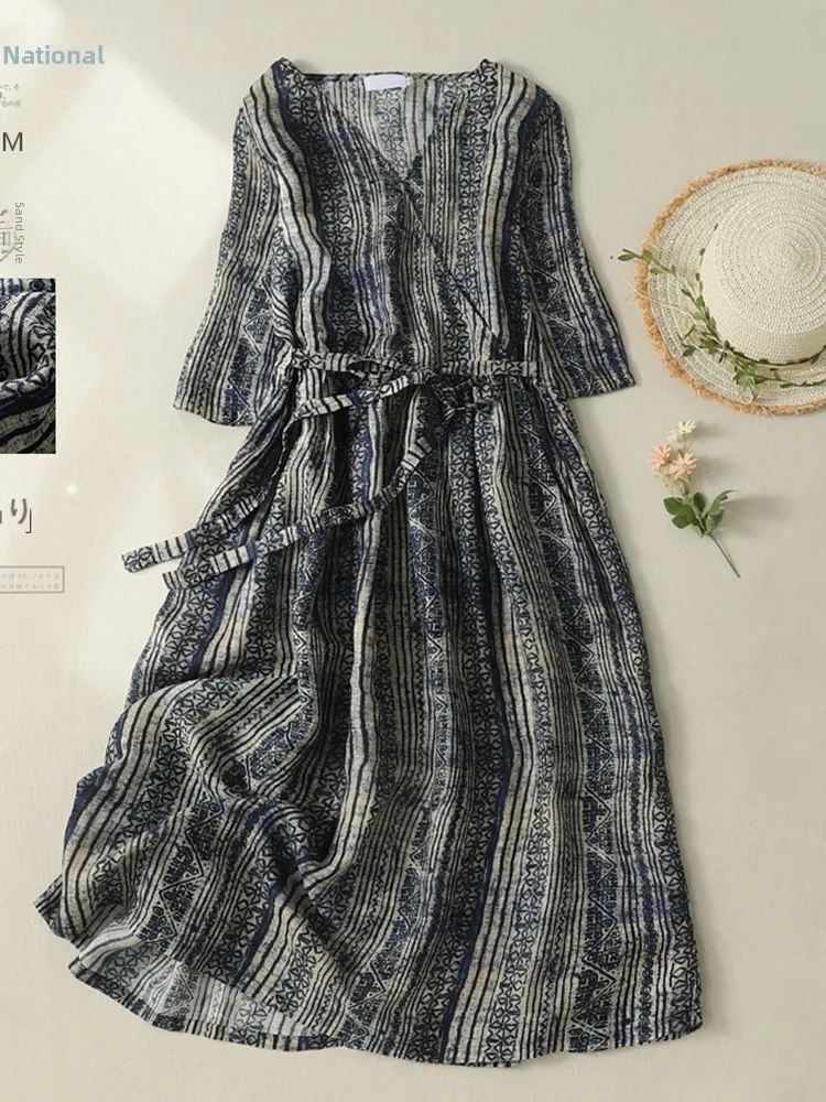 V-Ne ort Sve Midi Dr Retro gestreift Gürtel Taille Baumwolle Leinen Wrap Dr Pendeln Sle Sommer A-Linie Dr