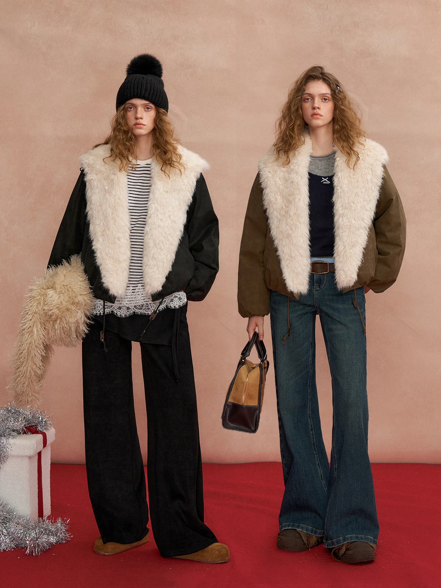 

SOMESOWE Bouquet Sle ort down Jaet Large Collar Flower Bud Design Women's Faion Warm Coat White Fur Trim Zipper Closure