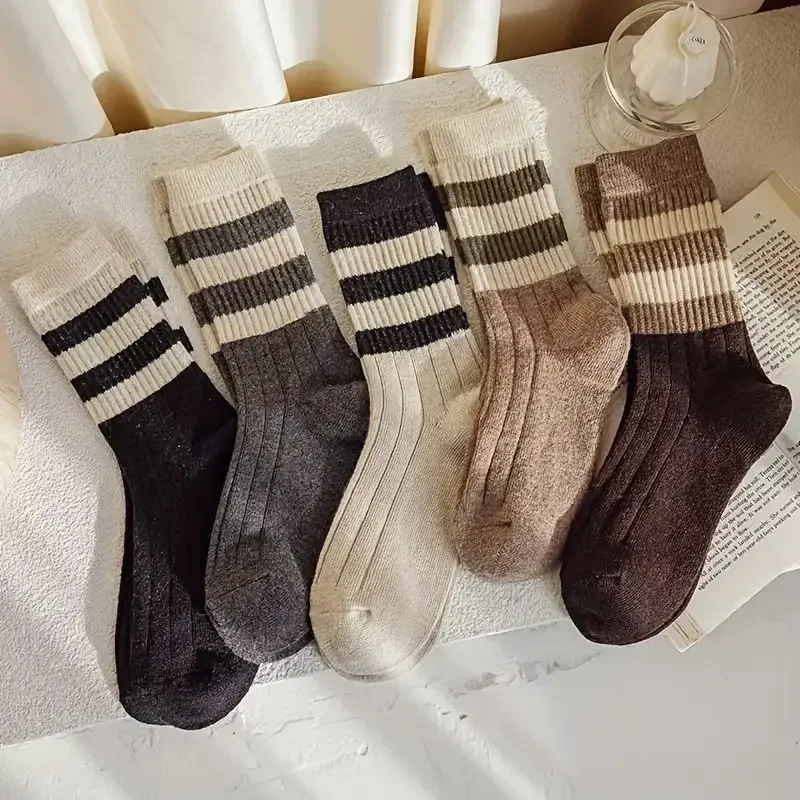 5 Pairs Of Socks For Women Including Mid Calf Socks Striped Forest Style Socks Retro Japanese Style Long Socks Four Season