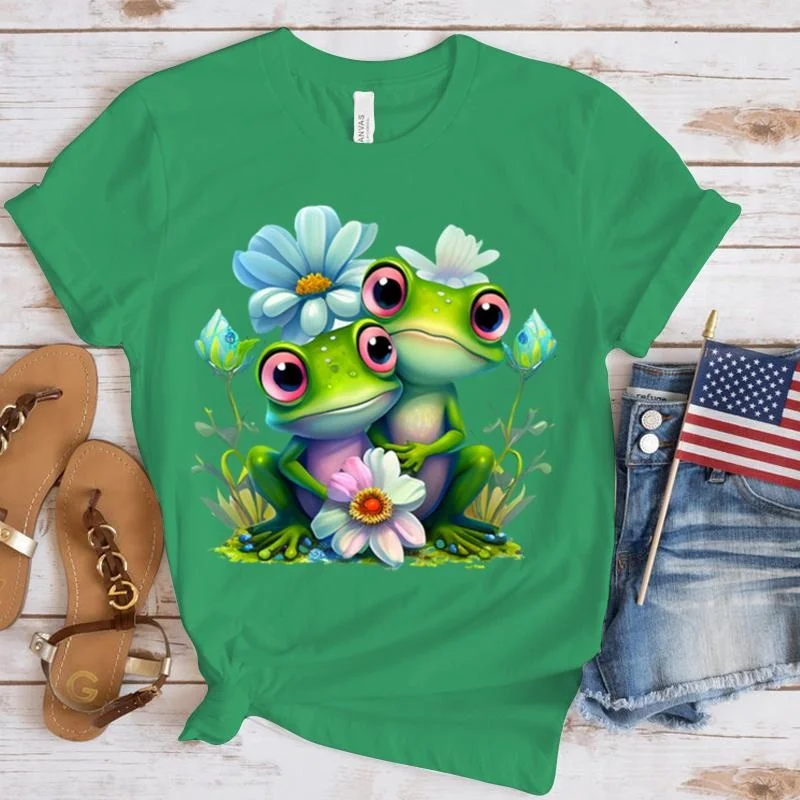 New Frog Print T Shirt Fashion Women Summer Casual Short Sleeve Tee Cute Loose T Shirts