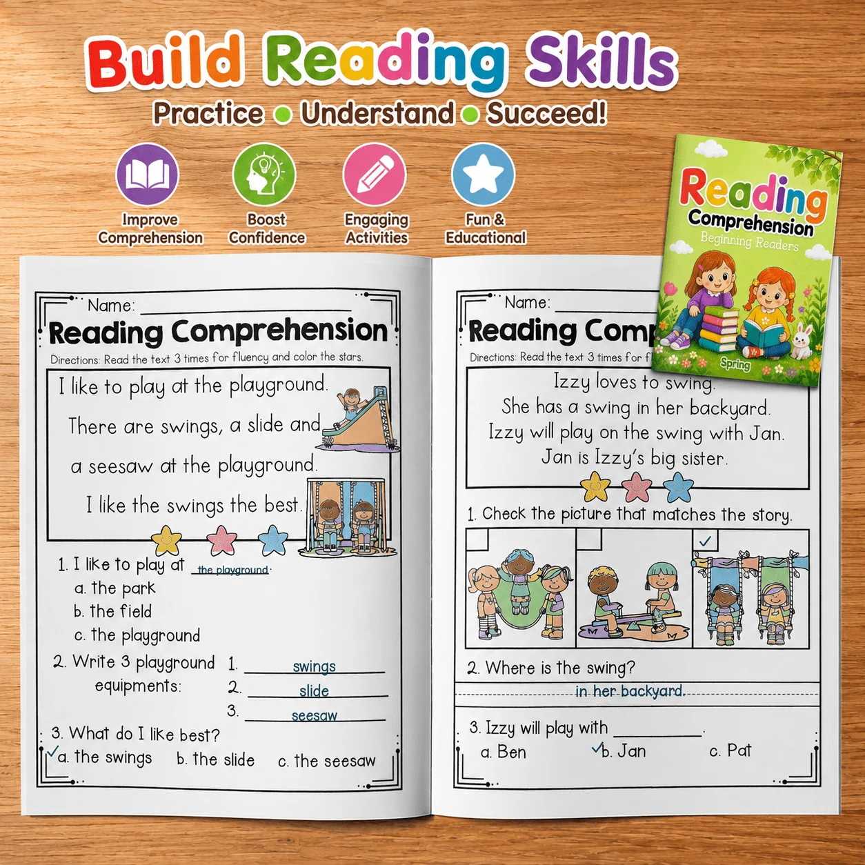 Spring Reading Comprehension Workbook, Short Passages, Fluency, Picture Matching, Sequencing and Written Answer Practice