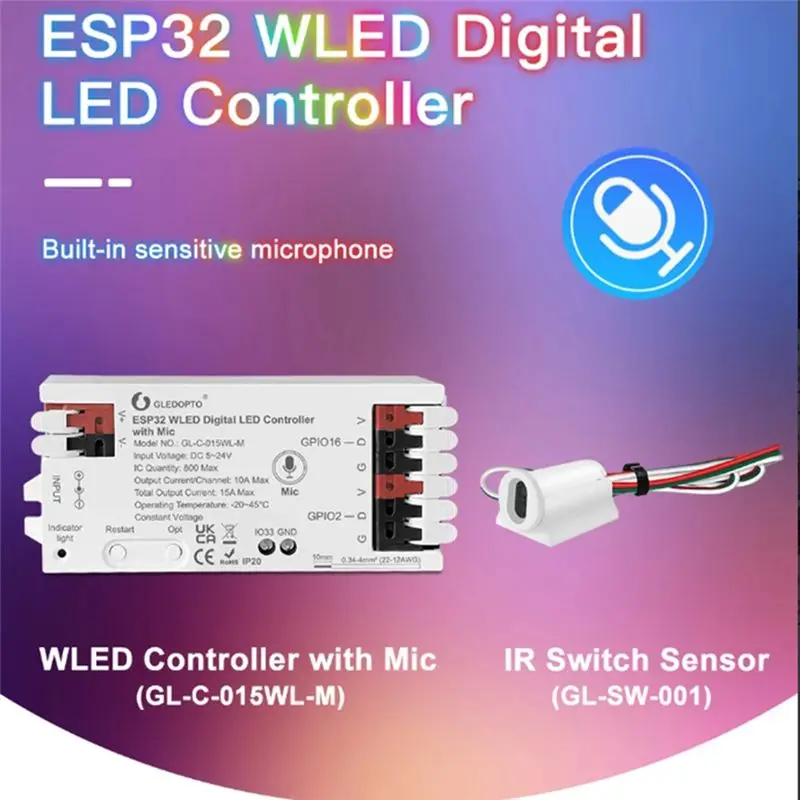 GLEDOPTO Dynamic Push IR Switch Sensor WLED LED Controller Microphone Music RGB IC Strip Light Control Gesture-Aware Trigger
