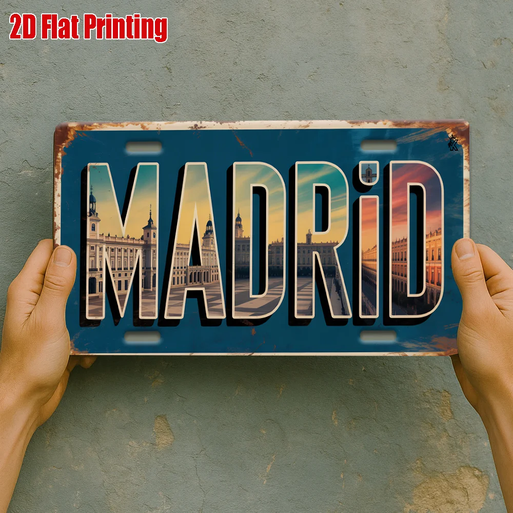 2D Flat Decorative License Plate Cover Frame Madrid Skyline Metal Sign 14.99cm x 29.97cm Spanish Cityscape Aluminum Plaque Water