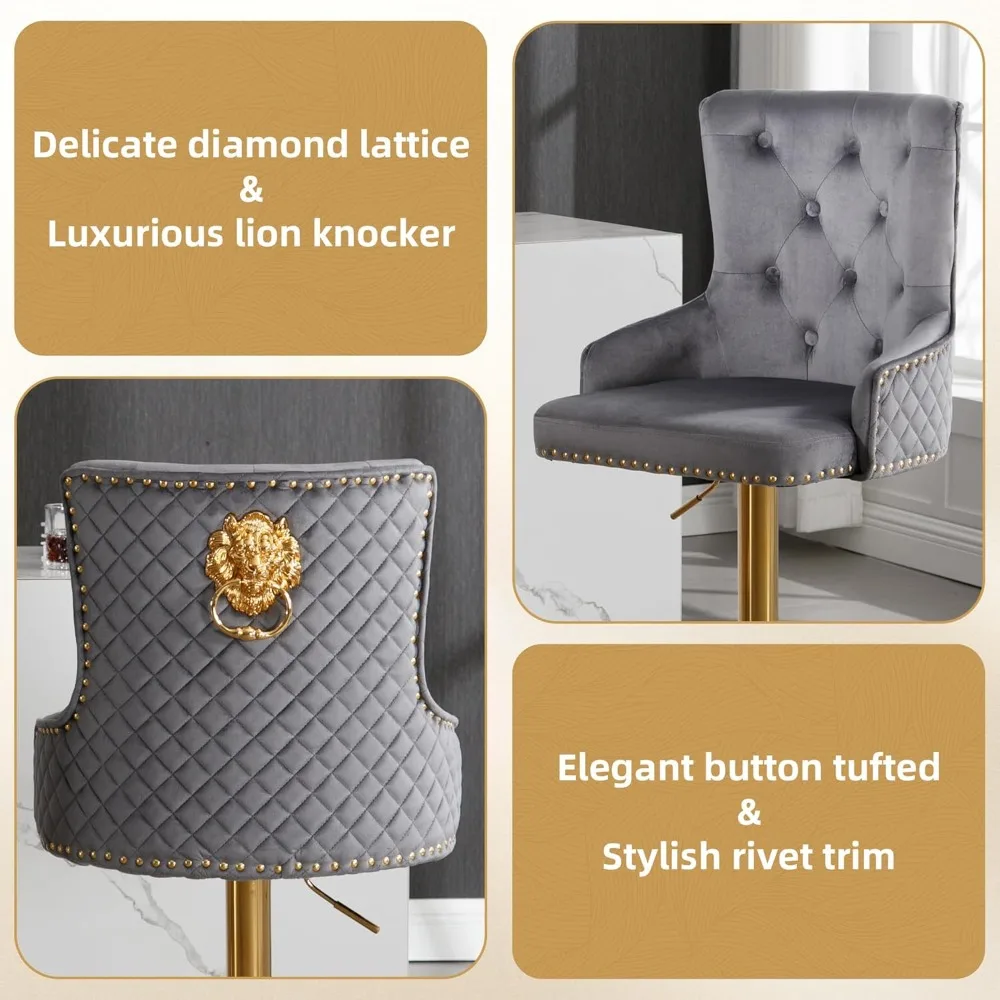 Conjunto de 2 bancos de bar de veludo, cadeira giratória com anel de tração Gold Lion, banco de bar estofado com cabeça de prego, altura ajustável