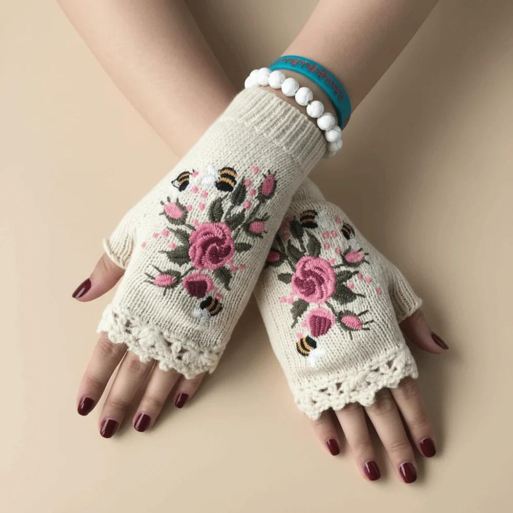 

Cute Vintage Embroidery Knitted Gloves Bee Floral Winter Wool Gloves Korean Style Half Finger Fingerless Gloves Girls