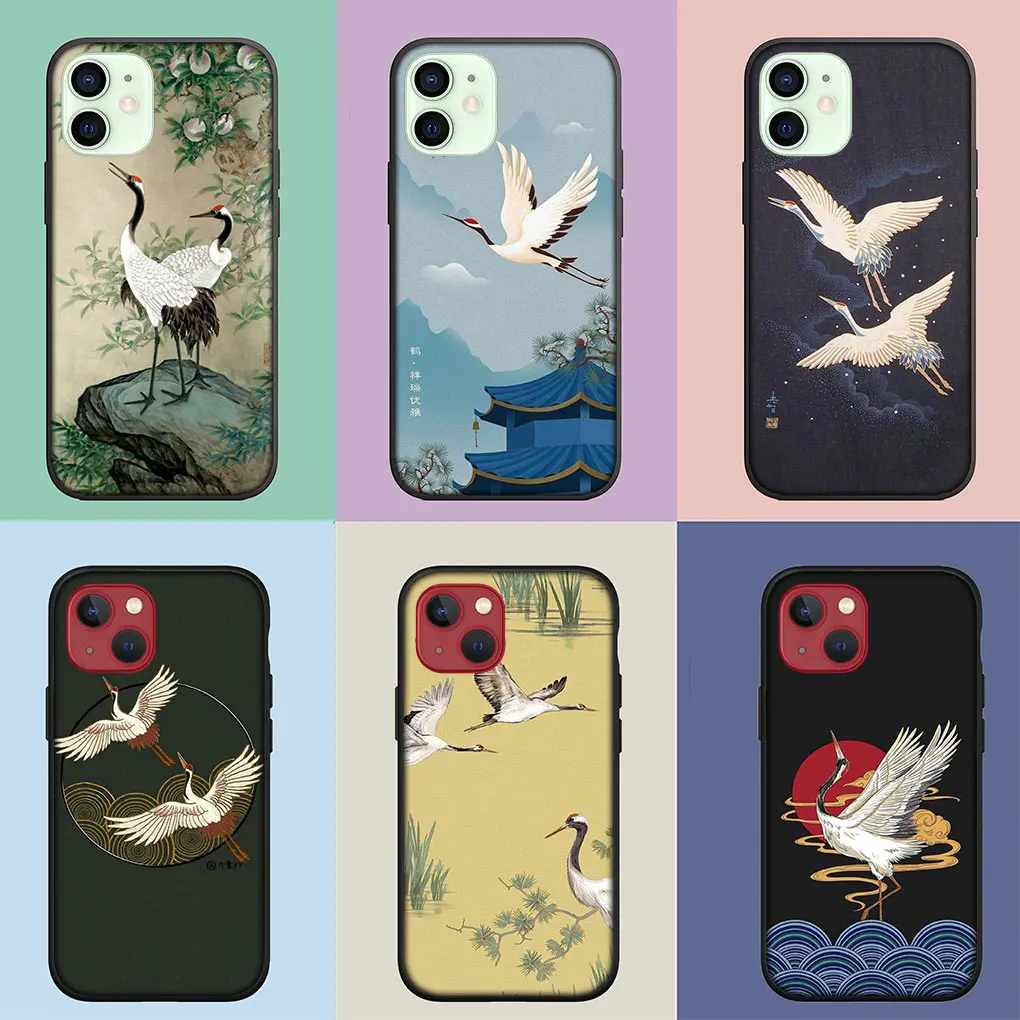 Watercolor Red Crowned Crane Phone Cover Case for Apple iPhone 15 14 Plus 13 12 Mini Pro Max XR + 13Pro 14+ 15+ Soft Casing