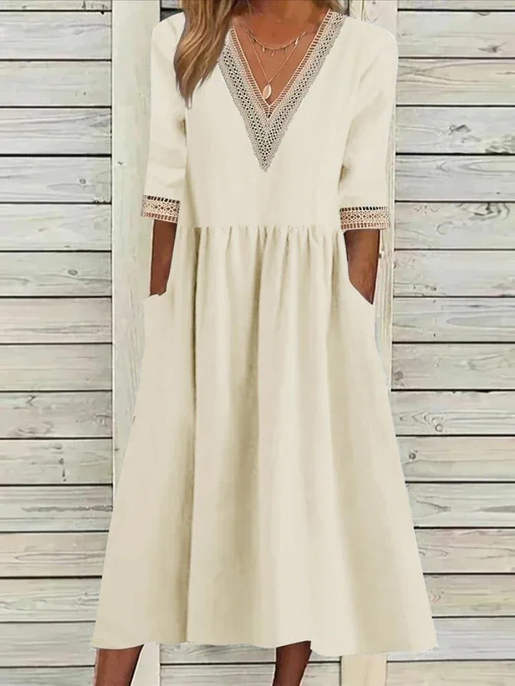 Half Sleeve V Neck Cotton Linen Dress for Women 2024 Summer New Robe Casual Dresses Chic Vintage Spliced Loose Midi Vestidos