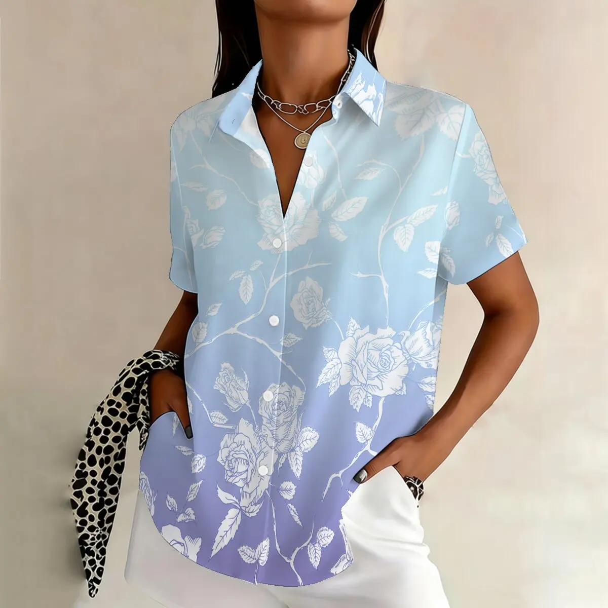 

Plus-size women's short-sleeve shirt, gradient floral top, artistic, trendy, fashionable and unique, suitable for workplace