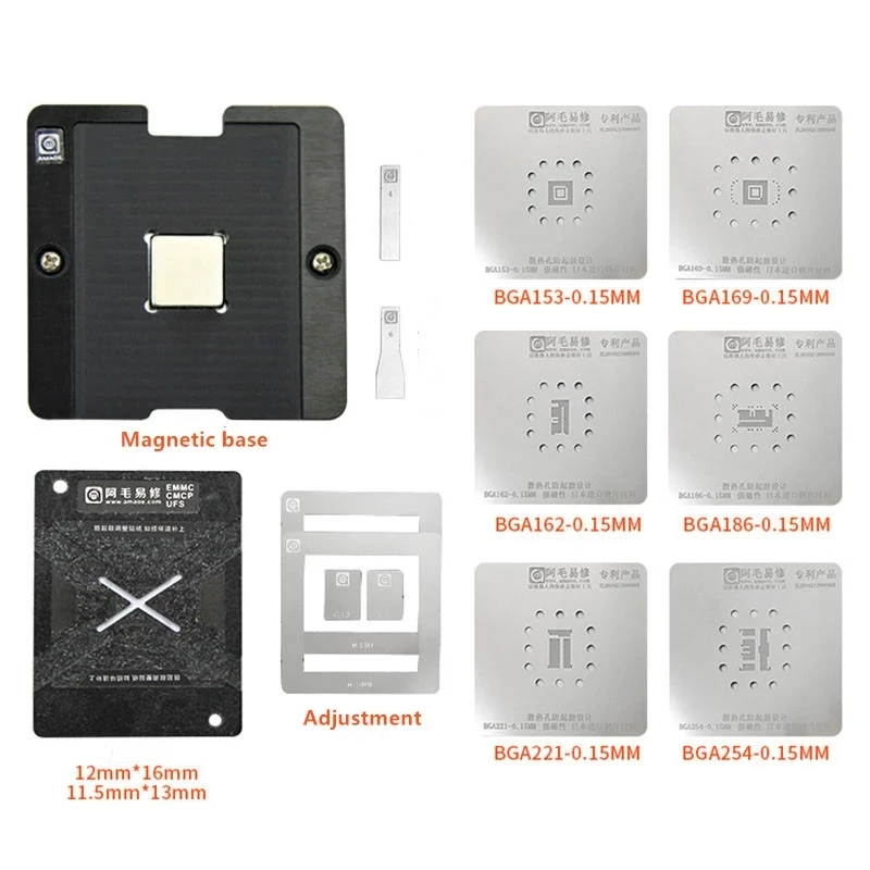 

Amaoe-Nand BGA Reballing Stencil for Android, EMMC, EMCP, UFS, BGA, 153, 162, 169, 186, 221, 254