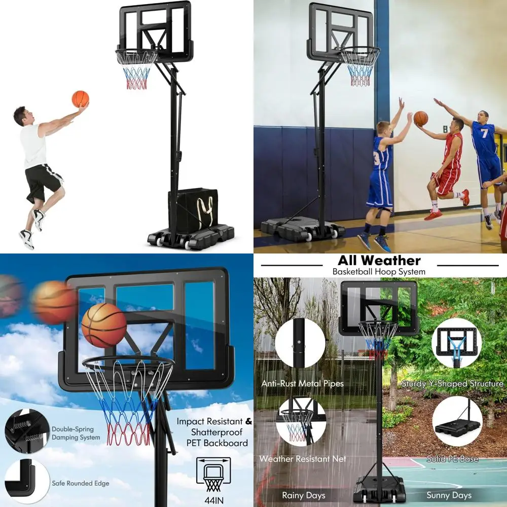 Soporte de baloncesto para exteriores de altura ajustable con tablero de respaldo 44, sistema con ruedas para adultos y durabilidad a largo plazo
