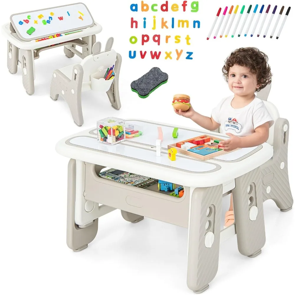 

Kids Table and Chair Set, Activity Table with Magnetic Drawing Board 4 Gears Adjustable Height Bookshelf Watercolor Pens, Toddl