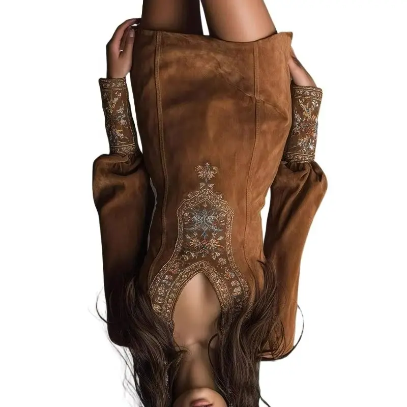 

New Fashionable European American Retro Style Long-sleeved V-neck Sexy Elegance Embroidered Dress for Women 2026 Spring Autumn