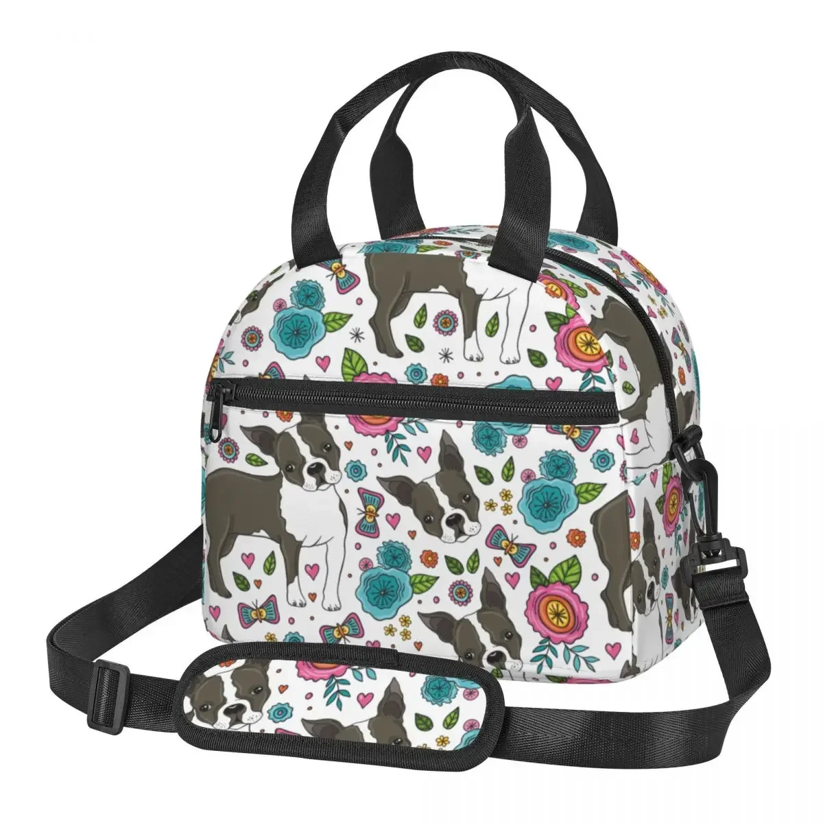 Cute Puppy Boston Large Insulated Lunch Bag With Adjustable Shoulder Strap Terrier Beautiful Flowers Cooler Thermal Lunch Box