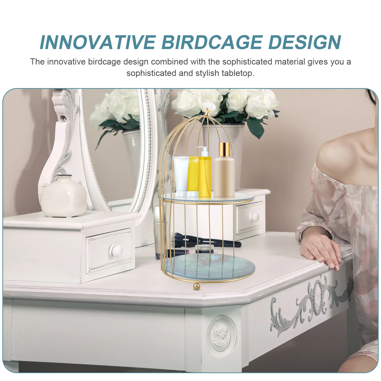 

Birdcage Shaped Organizer Tiered Cage Holder Desktop Makeup Holder Perfume Tray Cosmetics Storage Stand