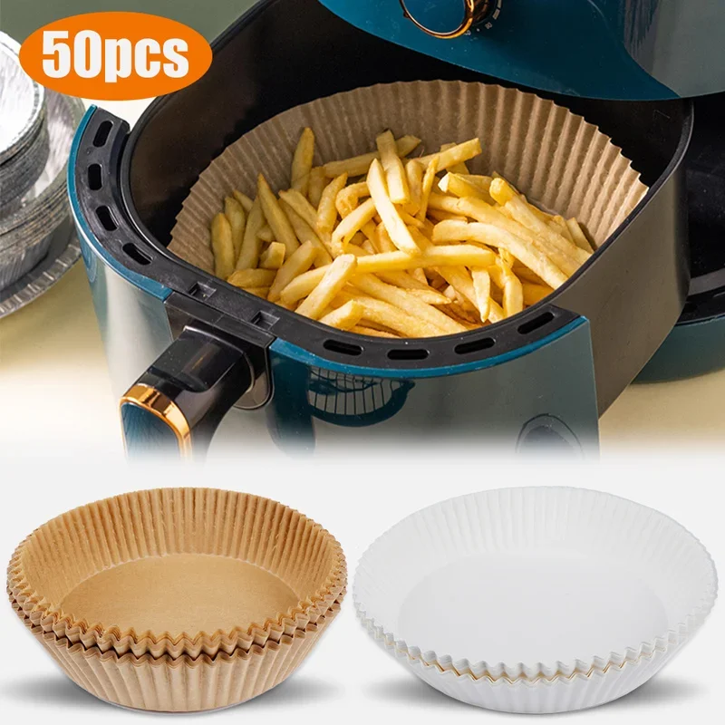 50pcs Air Fryer Disposable Paper Liner 16cm Non-Stick Mat Steamer Round Paper Baking Mats Kitchen AirFryer Baking Accessories