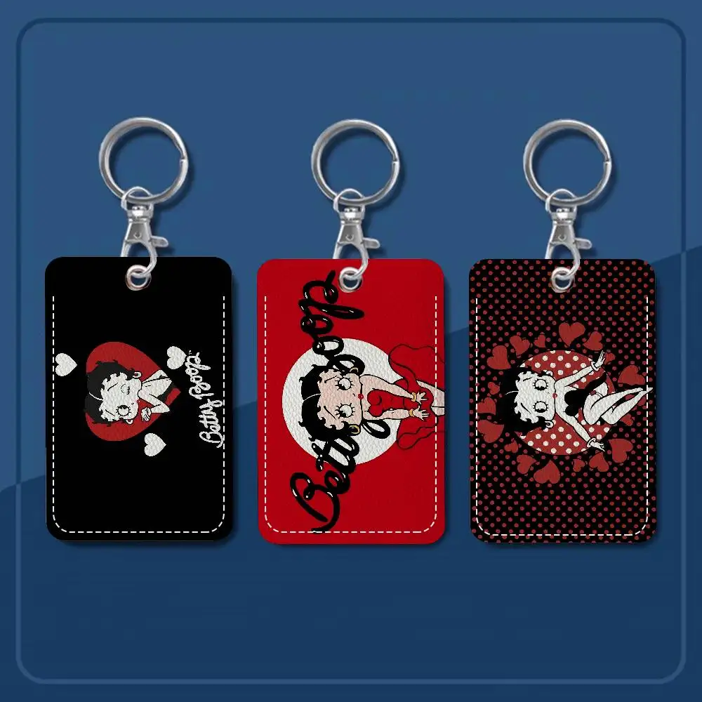B-Betty Girl B-Boop Rectangle ID Card Case Keychain Access Card Bag Key Tag Ring Leather Card Holder Key Ring Access