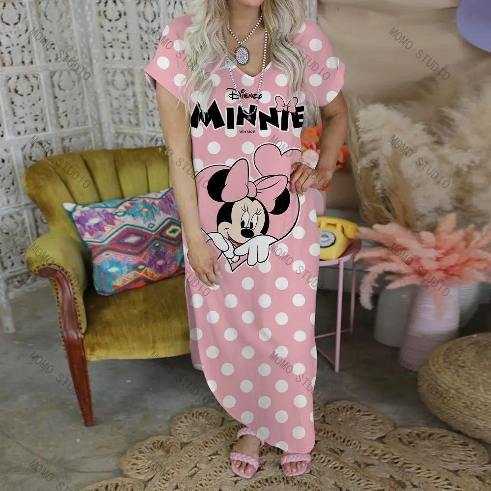 Casual Summer Women\'s Dresses V-Neck Long Dress Cartoon 2022 Disney Sexy Minnie Mouse Mickey Woman Clothes Leisure Maxi Robe Y2k