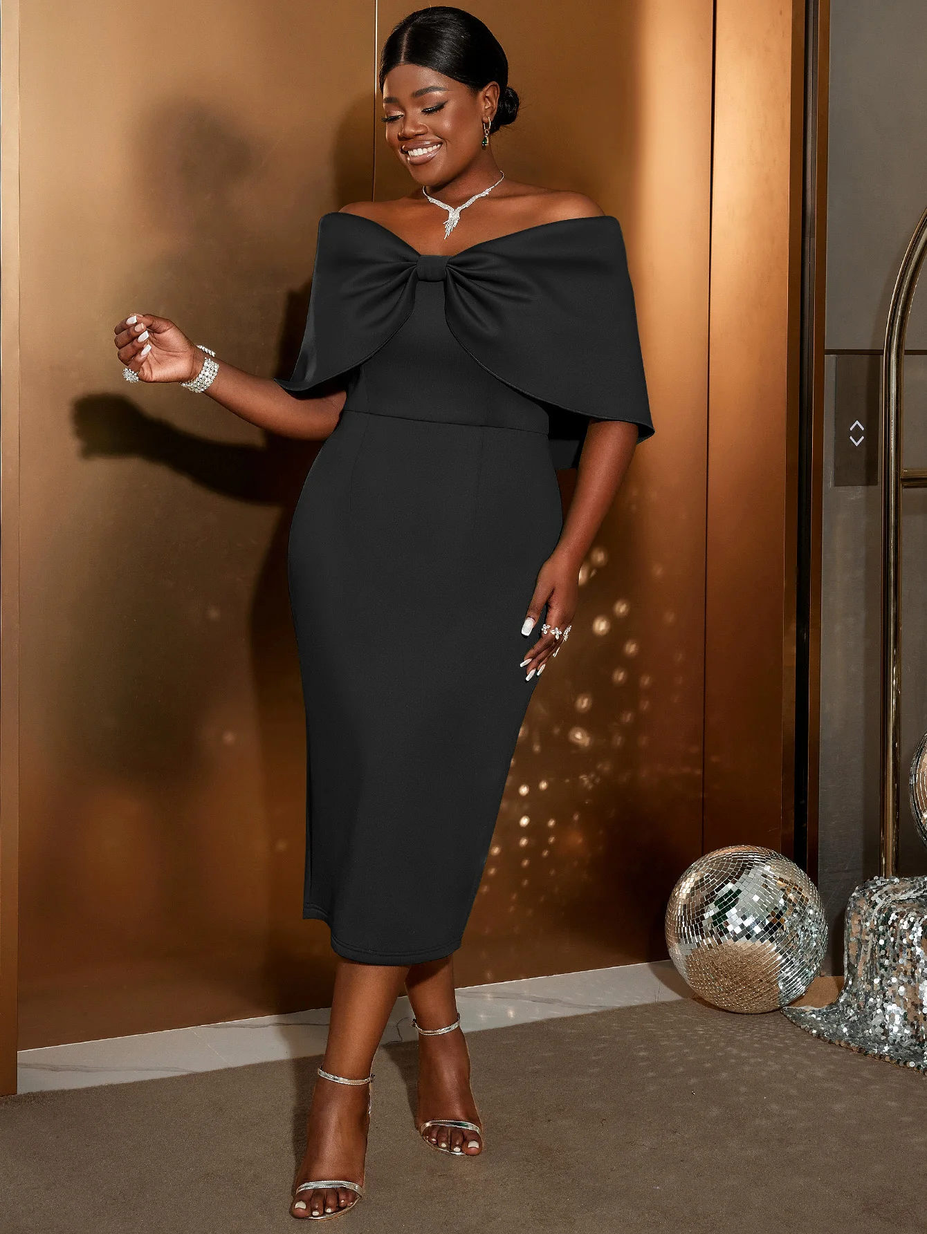 Elegante Vrouwen Strik Jurk Cape Off Shoulder Bodycon Getailleerd Midi Cocktail Evenement Vieren Schattige Gala Gewaden Verjaardagsjurken 3xl 4xl