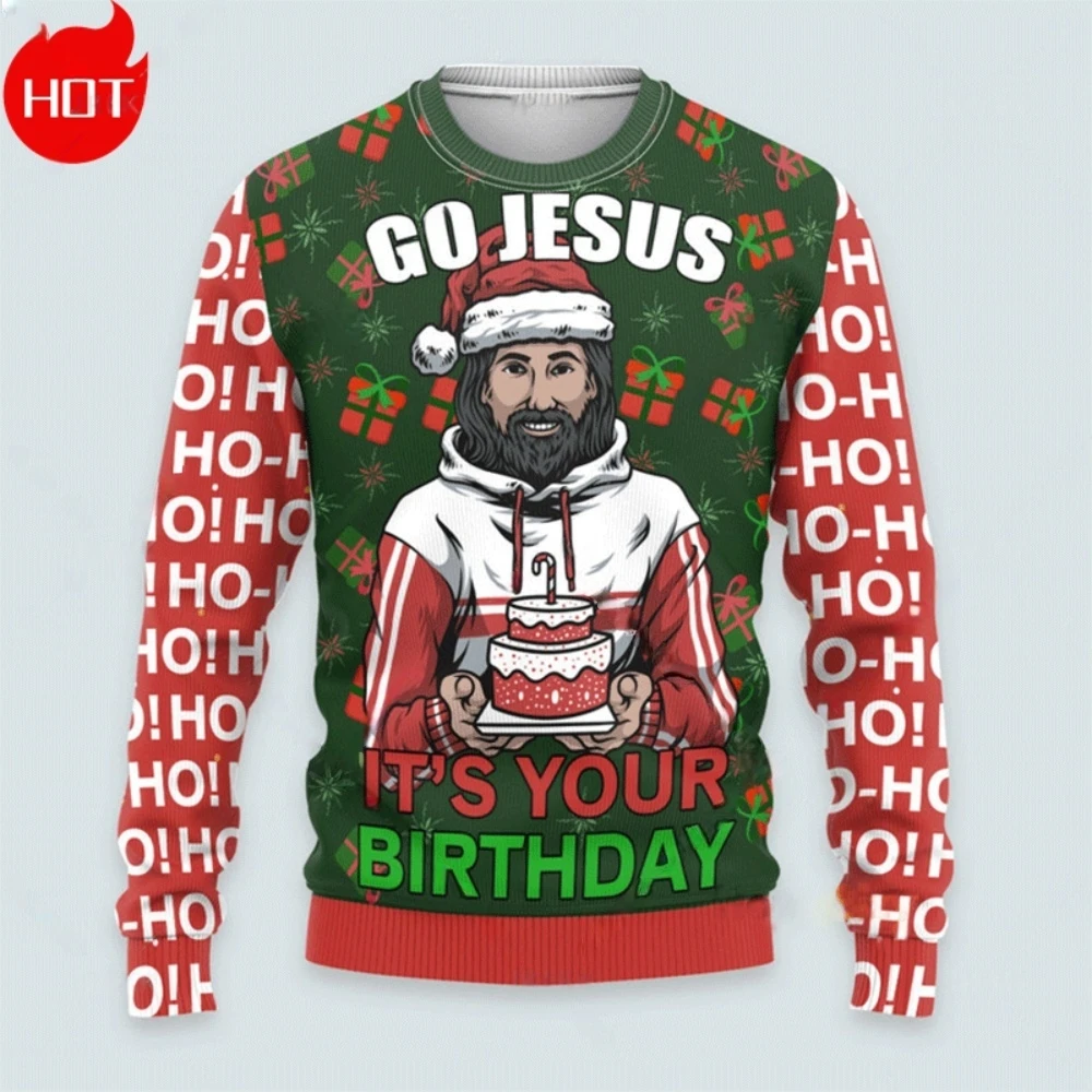 عيد الميلاد سانتا كلوز يسوع Animeweatshirt الرجال الرجعية طويلة الأكمام Sugly ثلاثية الأبعاد طباعة Harajuku س الرقبة ملابس رجالية المتضخم عادية