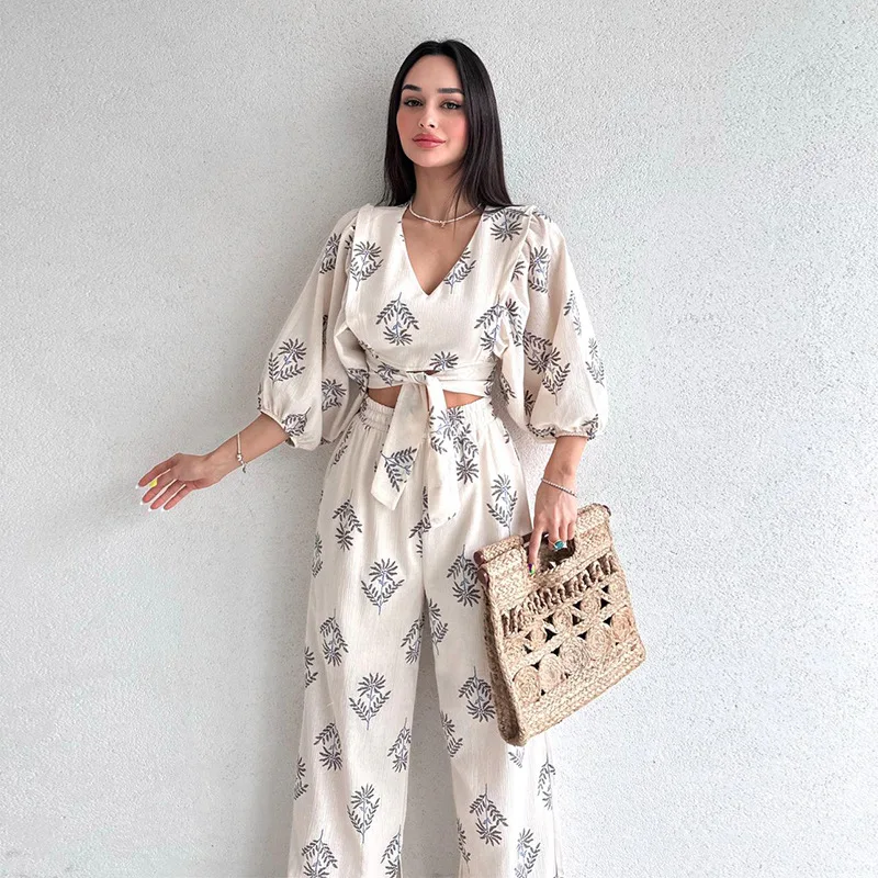 

Casual 2 Piece Sets Women Outfit 2024 Spring New Print Puff Sleeve Top Trousers Two-piece Set Long Pant Sets Sexy Clothes