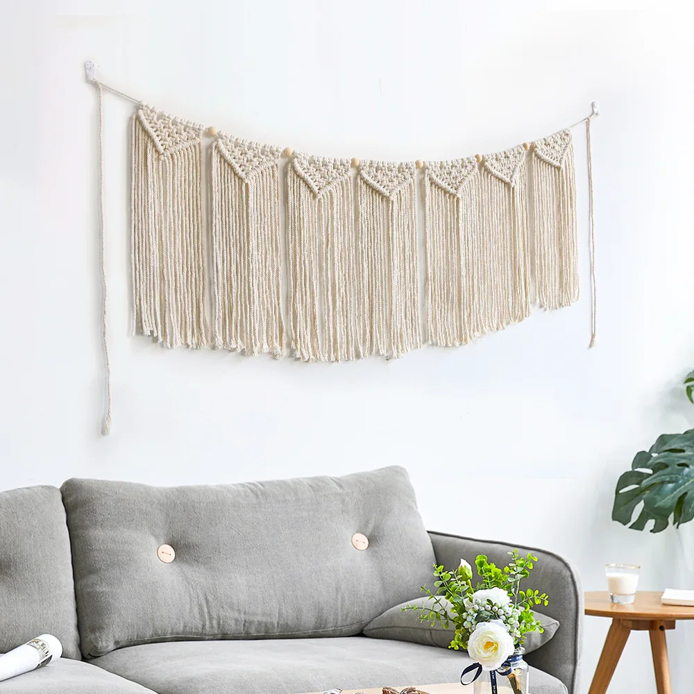 Macrame Handwoven Bohemian Cotton Rope Boho Tapestry Home Decor Creamy-White Wall Hanging Decoration Art Tapestry Christamas