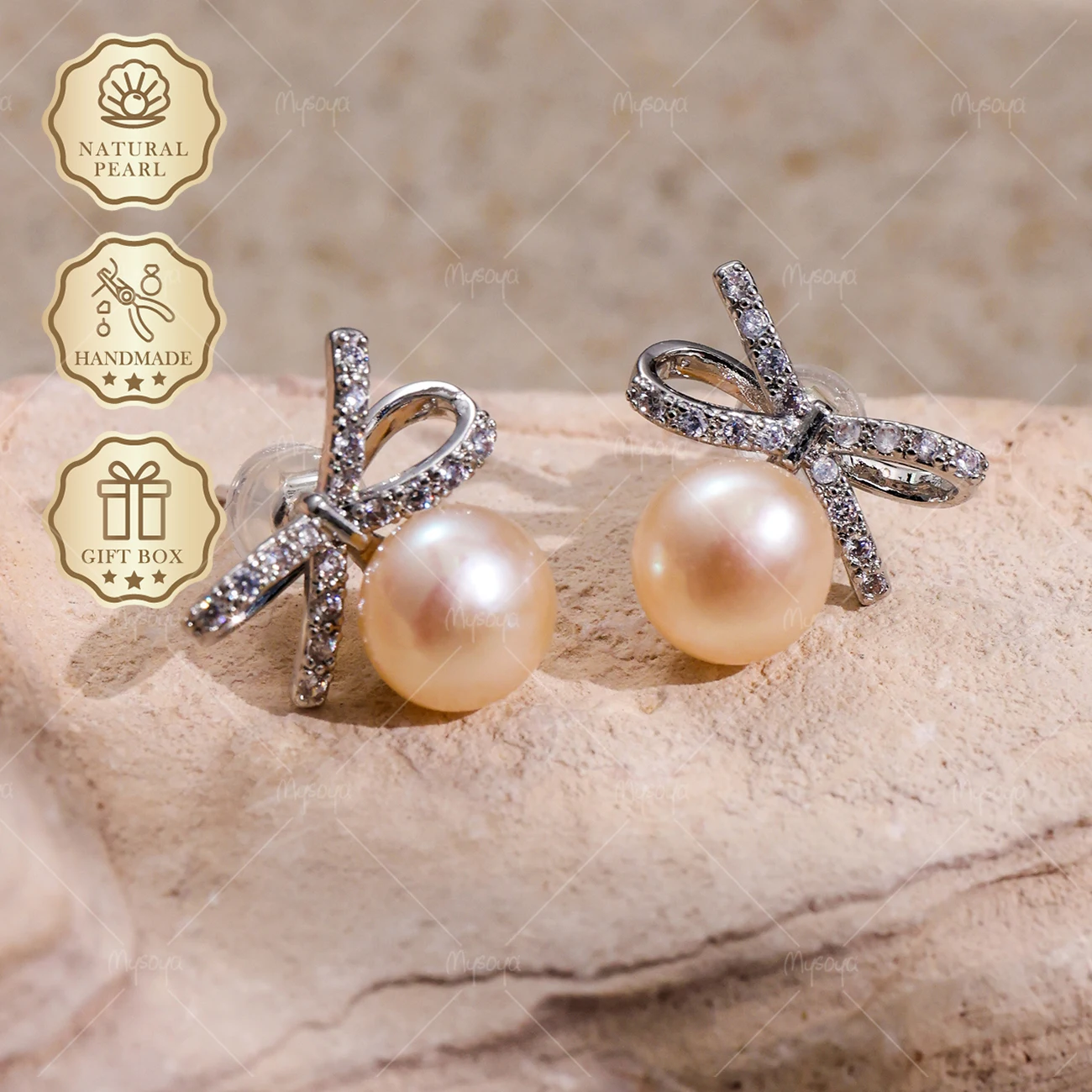

MYSOYA 7-8mm Silver Bow Pearl Stud Earrings, Gift Box, Birthday & Mother's Day Jewelry, Wedding Season S413