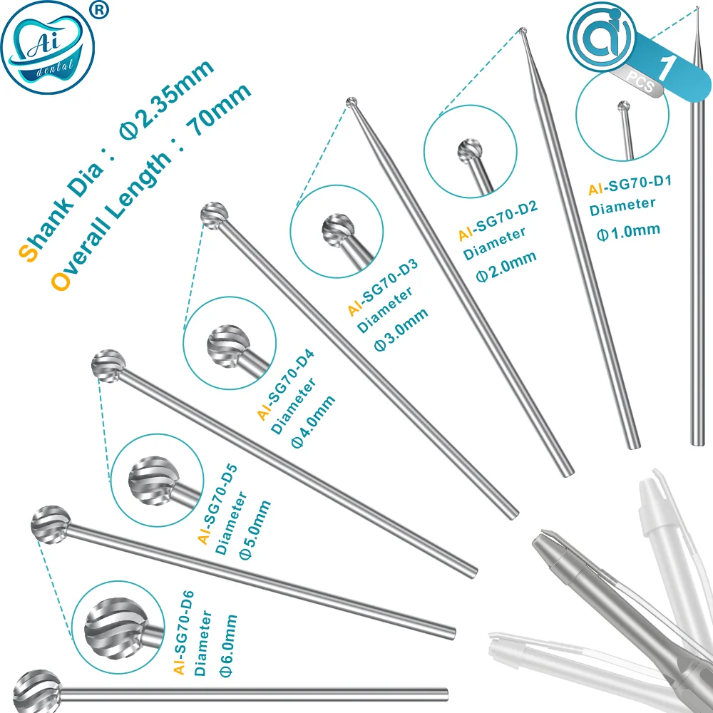 

AI-SG70 Dental Tungsten Steel Burs Dia.2.35mm Overall Length 70mm for SG Series Implant Surgical Contra Angle Straight Handpiece