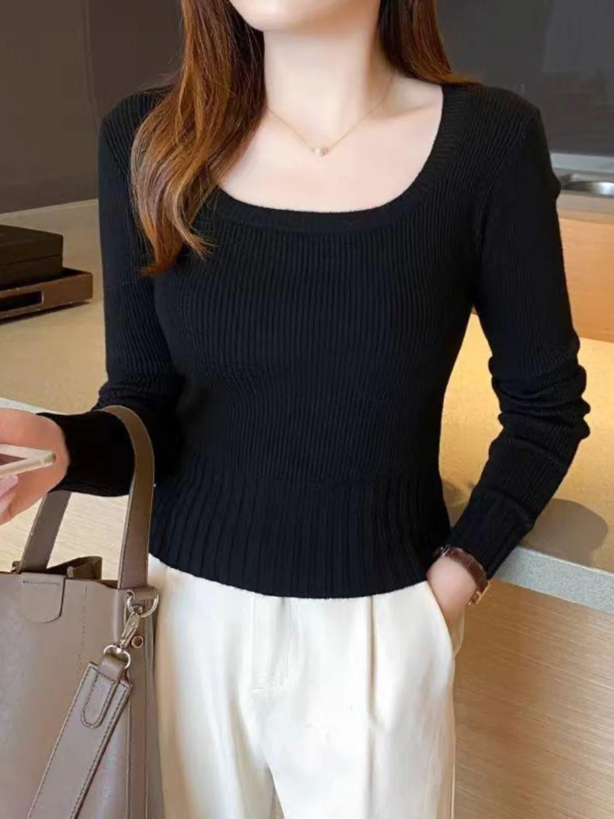 

Spring 2026 Women's Square Collar Short Knitted Sweater Long Sleeve Base Shirt Inner Wear Stylish Commute Style Korean Version