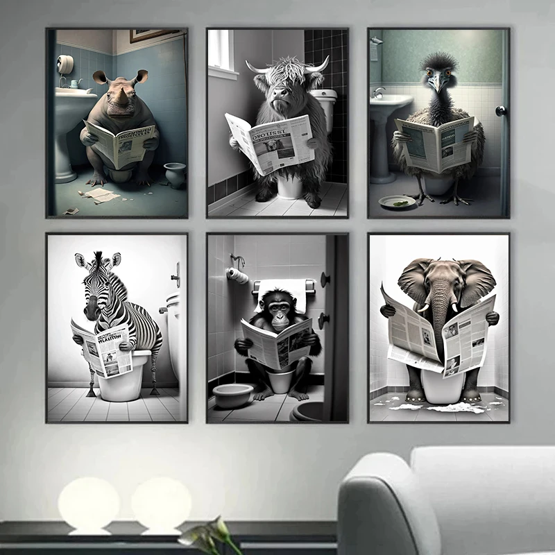 Funny Bathroom Humorous Animal Wall Decor Monkey Dog Cow Sitting on Toilet Reading Newspaper Poster Art Print Canvas Painting