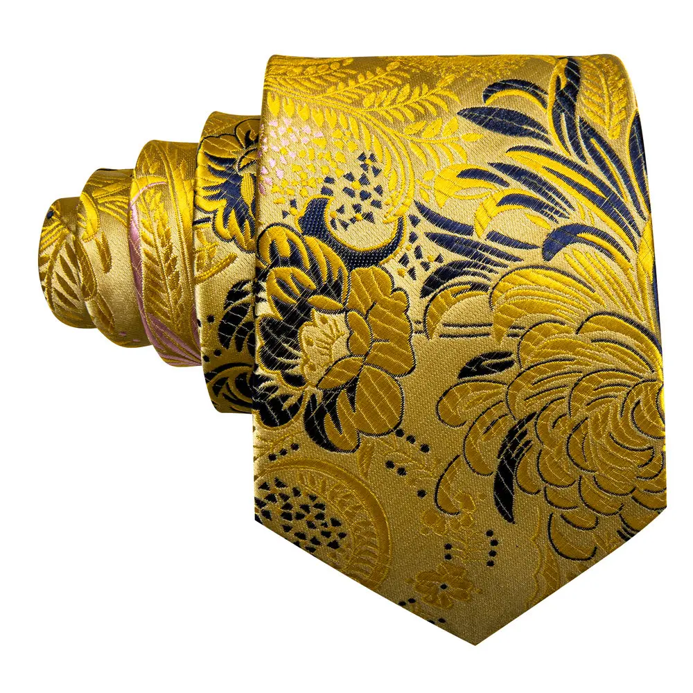 Conjunto de gravata de seda floral Barry Wang para homens preto, dourado, rosa, jacquard, bolso, quadrado, abotoaduras, festa de negócios, prata, casamento