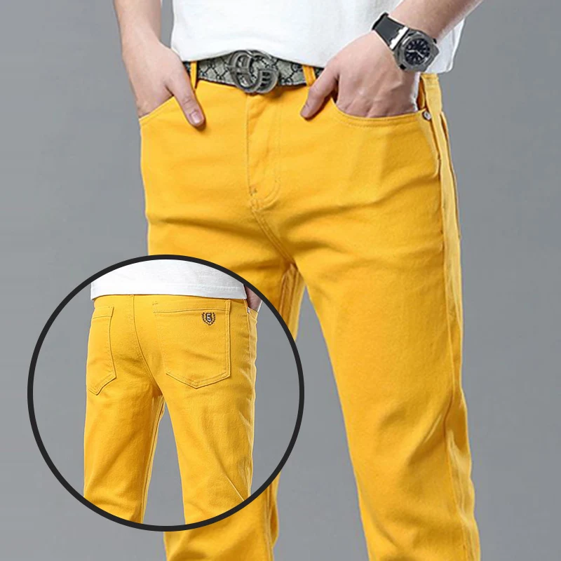 

Men Classic Regular Fit Solid Color Jeans Male Business Fashion Denim Straight Leg Cotton Trousers Colorful Denim Pants