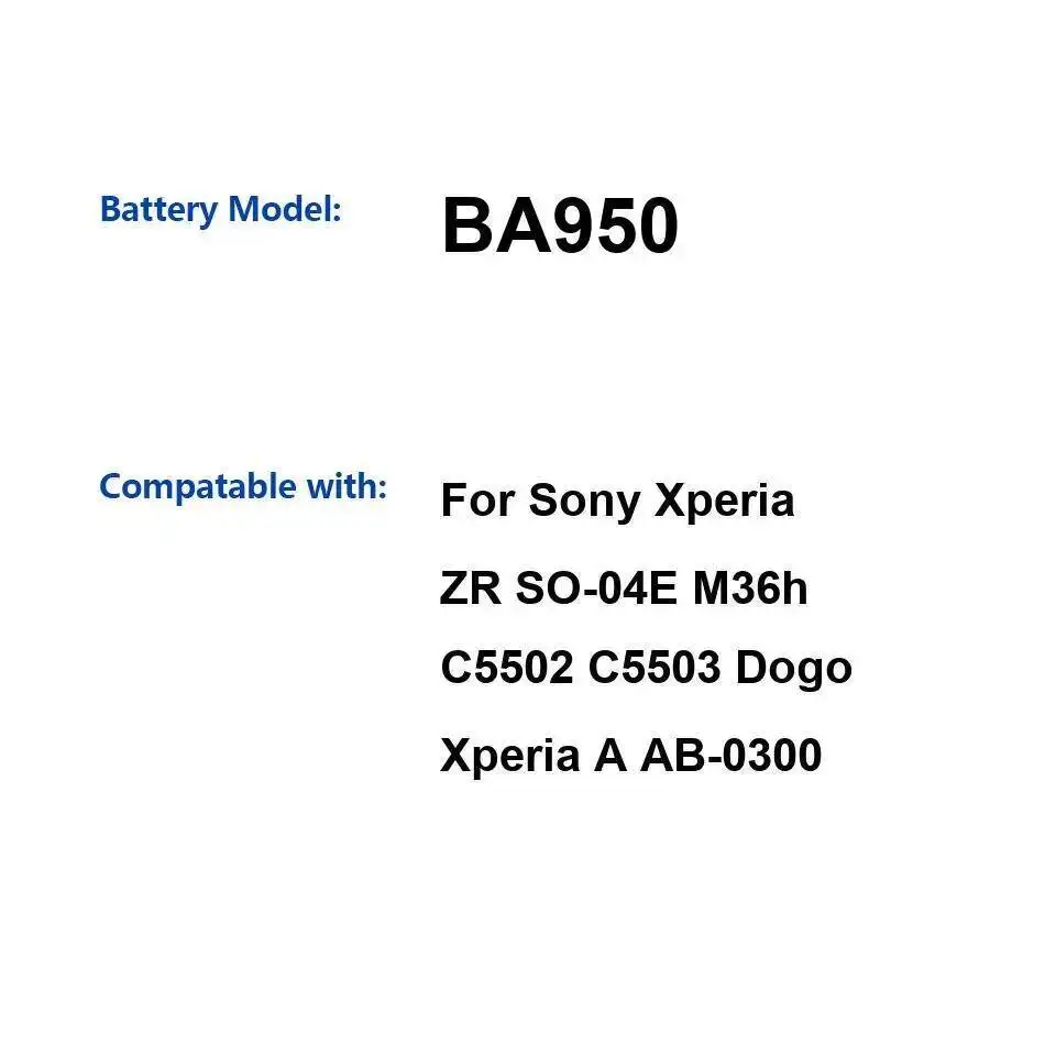 

Mobile Phone Battery BA950 2300Mah For Sony Xperia ZR SO-04E M36h C5502 C5503 Dogo A AB-0300