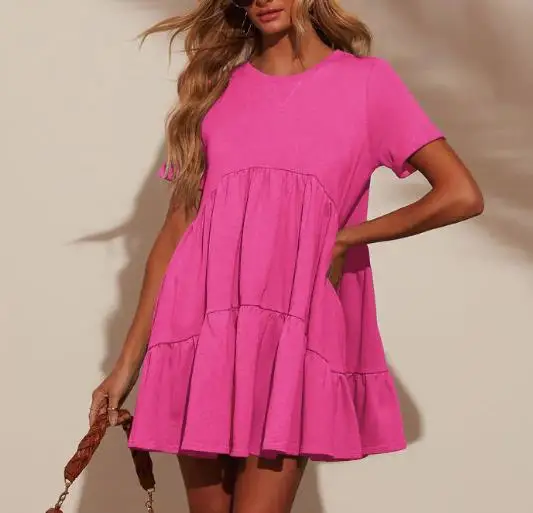 

Women Dresses 2026 Spring Summer New Solid Color Casual Round Neck Short Sleeved Pleated Loose Fit Versatile Daily Mini Dress