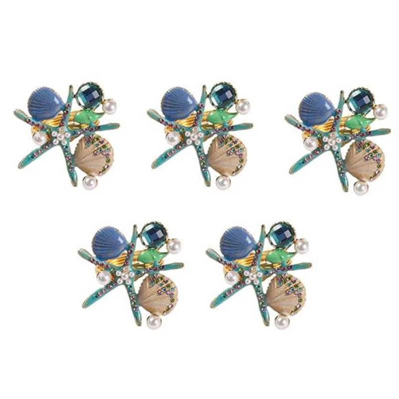 5 uds anillos para servilletas de estrella de mar, diamantes de imitación de perlas océano costero portaanillos para servilletas náuticos hebilla para servilleta para fiesta, azul